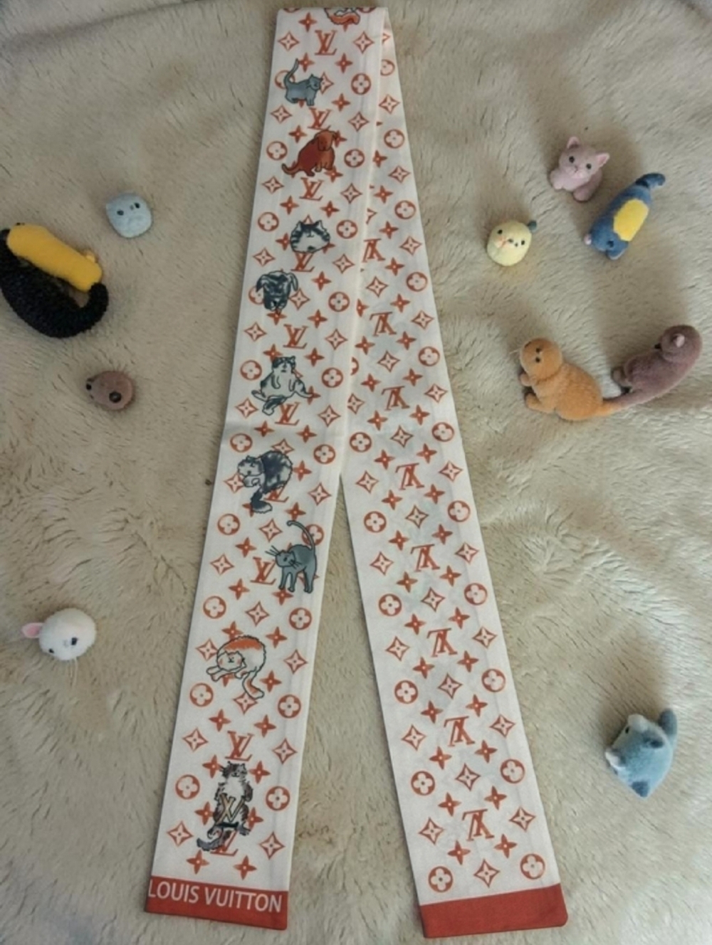 Monogram Cat Print Silk Twilly - Cream & Orange